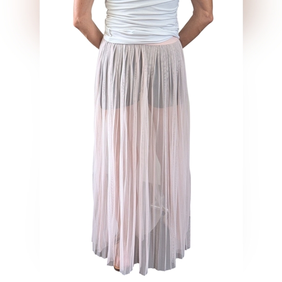 H&M Limited Edition SHEER Mesh Pleated Long Pastel Pink Festival Skirt Size 4 - Picture 3 of 15